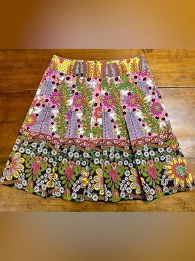 CAbi Pink, Green & Yellow Floral Pleated Circle Skirt